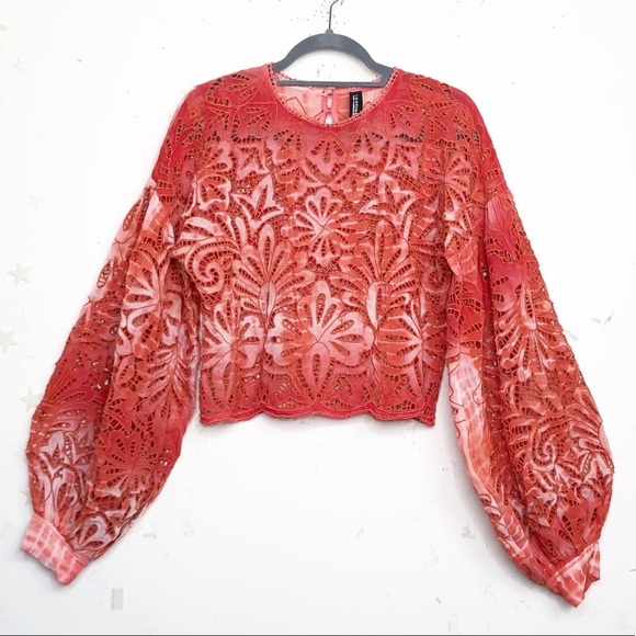 CONTINUUM Orange open eyelet balloon sleeve blouse - Picture 12 of 16